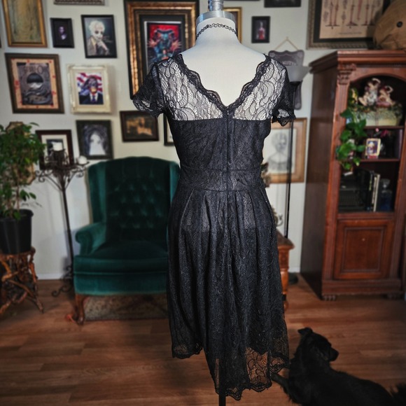 Black Lace Button Front Short Sleeve Midi Dress Goth Punk Alternative Size M - Picture 4 of 7
